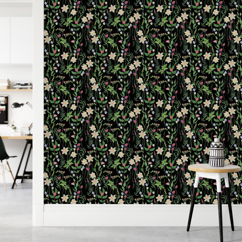 Black Wallpaper with Meadow Flowers