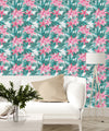 Contemporary Pink Exotic Flowers Wallpaper Chic