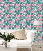 Contemporary Pink Exotic Flowers Wallpaper Chic