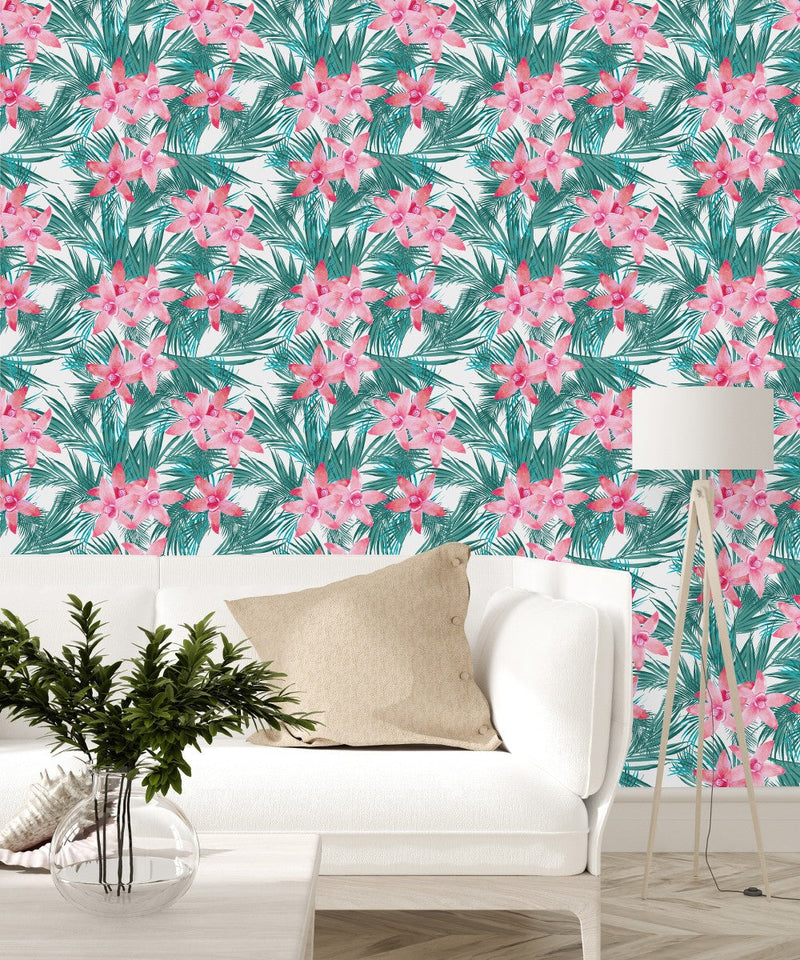 Contemporary Pink Exotic Flowers Wallpaper Chic