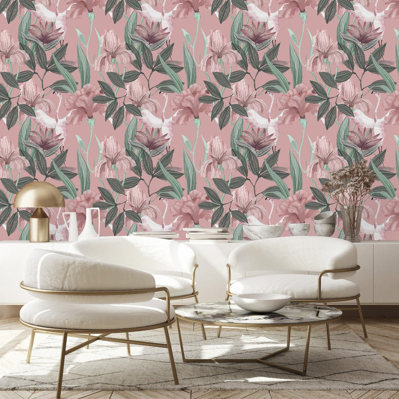 Contemporary Pink Flowers Wallpaper Tasteful