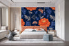 Orange Flowers on Dark Blue Wallpaper