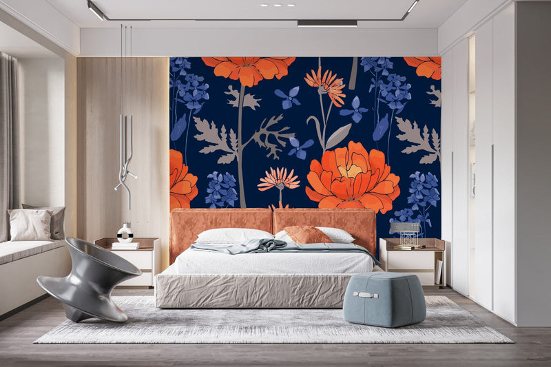 Orange Flowers on Dark Blue Wallpaper