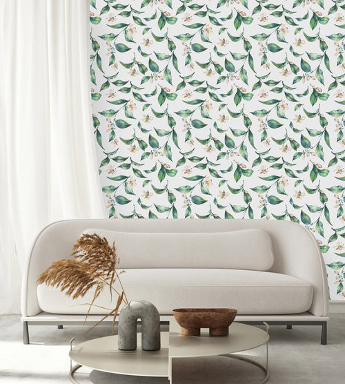 Fashionable White Wallpaper with Green Leaves Fashionable