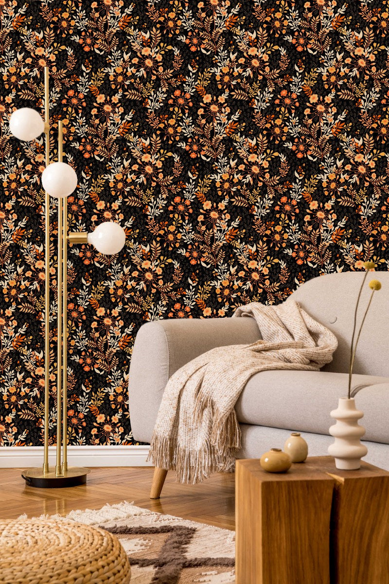 Black Wallpaper with Orange Flowers