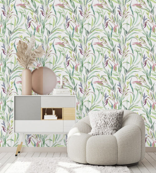 Modish Leaves on White Wallpaper Chic High-Quality