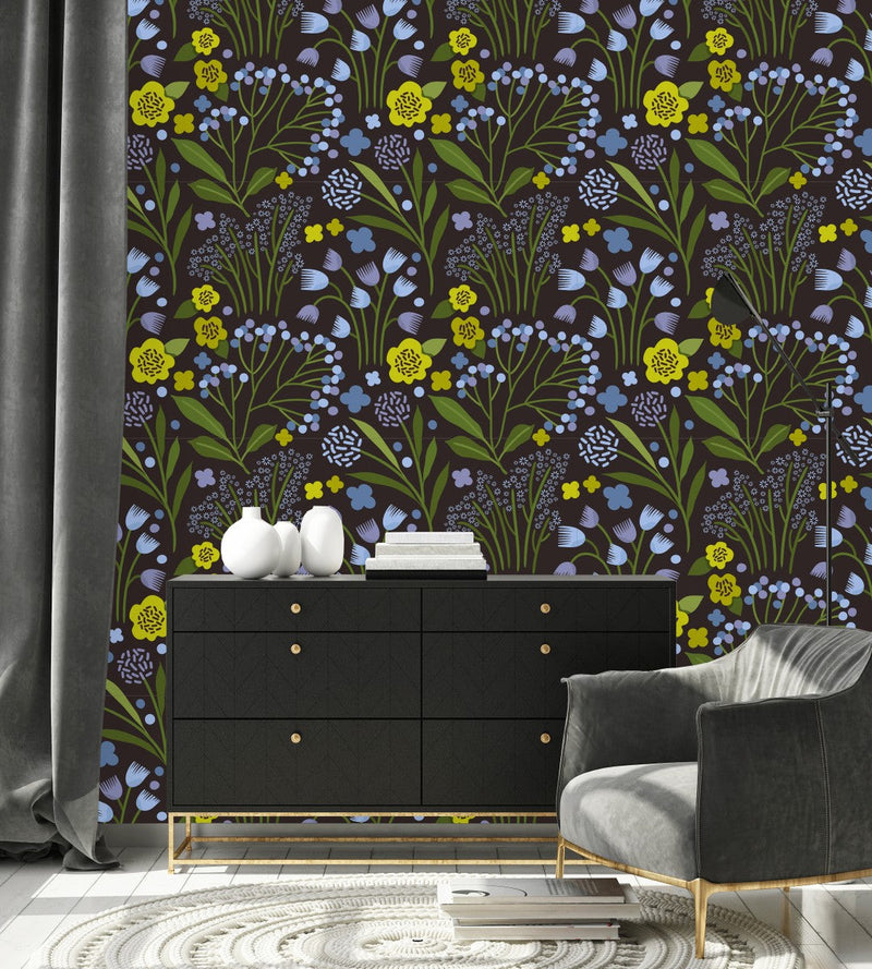 Contemporary Blue Flowers Wallpaper
