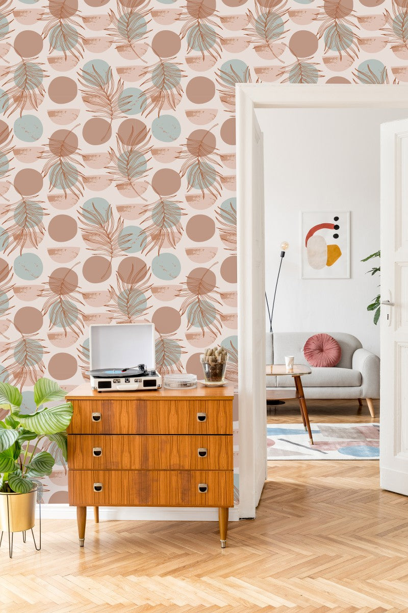 Tropical Leaves with Abstract Circles Wallpaper