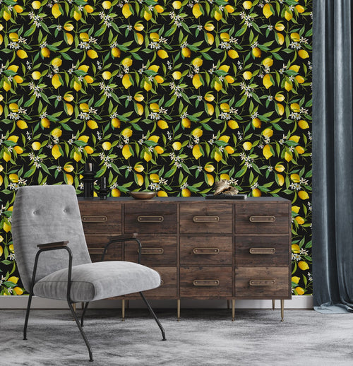 Fashionable Black Wallpaper with Lemons Chic