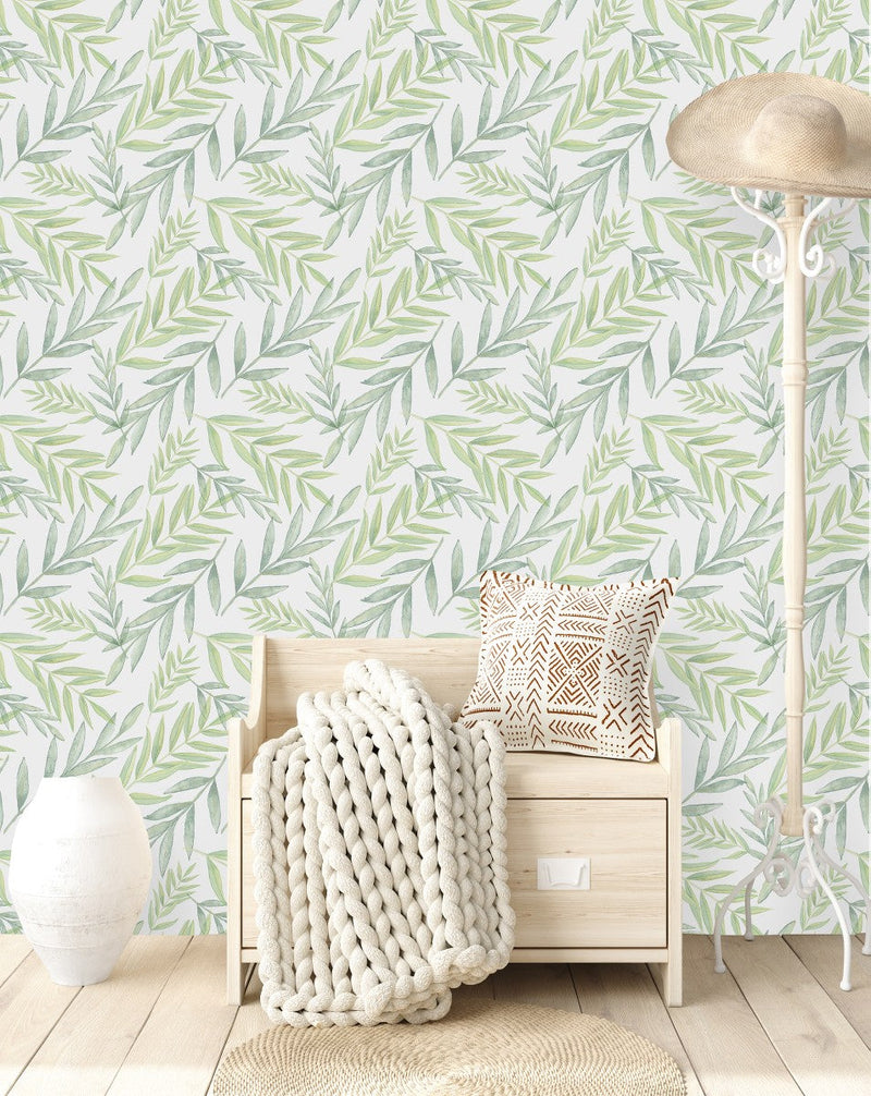 Voguish Hand Drawn Green Leaves Wallpaper Fashionable