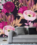 Fashionable Black Wallpaper with Brightly Flowers