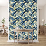 Blue Monstera Leaves with Gold Print Wallpaper