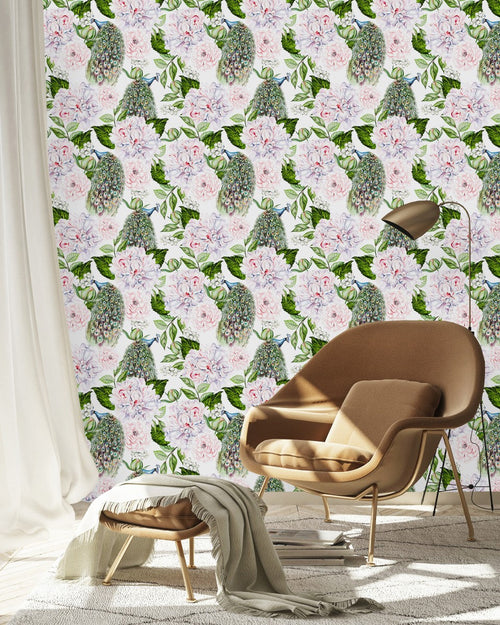 Peonies and Peacocks Wallpaper