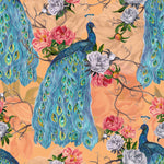 Orange Floral Wallpaper with Peacocks