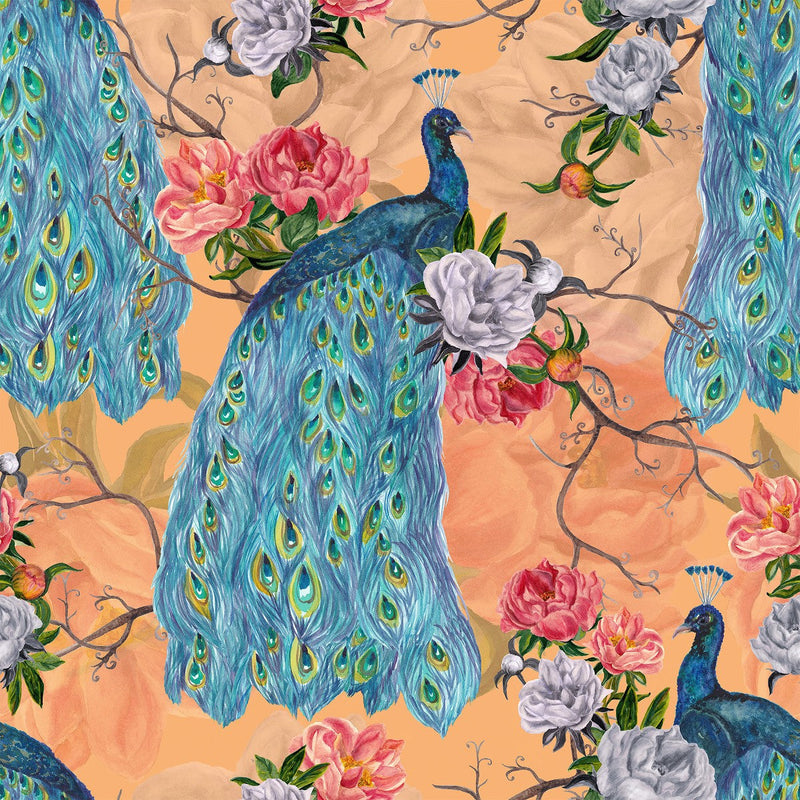 Orange Floral Wallpaper with Peacocks