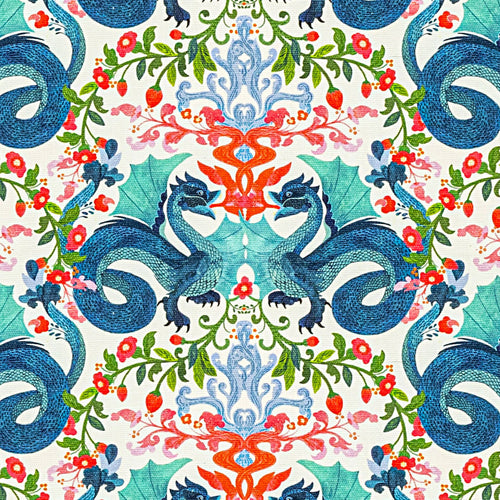Rod Pocket Curtain Panels Pair in Kismet Cloud Kissing Dragon Oriental Toile, Multicolor Chinoiserie