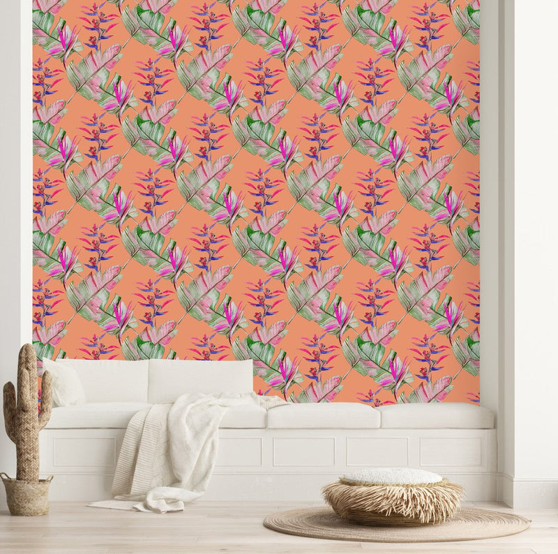 Brightly Orange Wallpaper with Palm Leaves