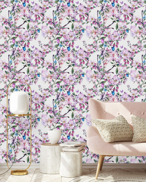 White Wallpaper with Apricot Tree