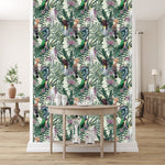 Parrots on Tropical Leaves Wallpaper