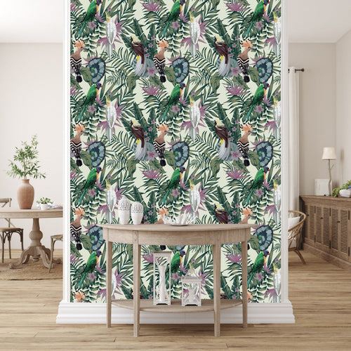 Parrots on Tropical Leaves Wallpaper