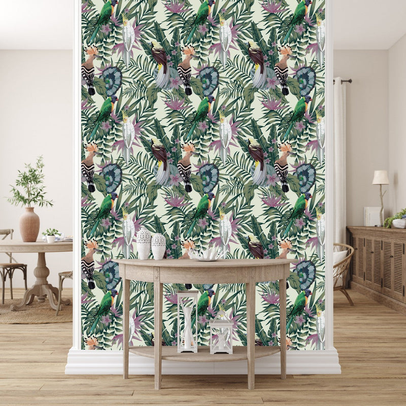 Parrots on Tropical Leaves Wallpaper