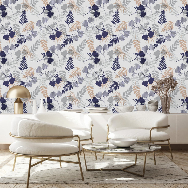 Contemporary Dark Blue Flowers Wallpaper
