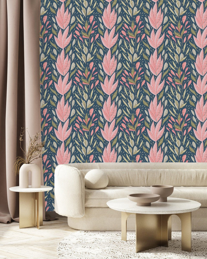 Pink Large Leaves Wallpaper