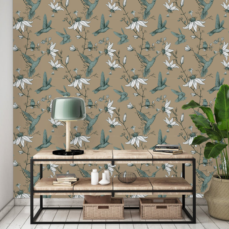 Dark Beige Wallpaper with Hummingbird