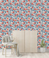 Blue Leaves with Red Flowers Wallpaper