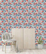 Blue Leaves with Red Flowers Wallpaper
