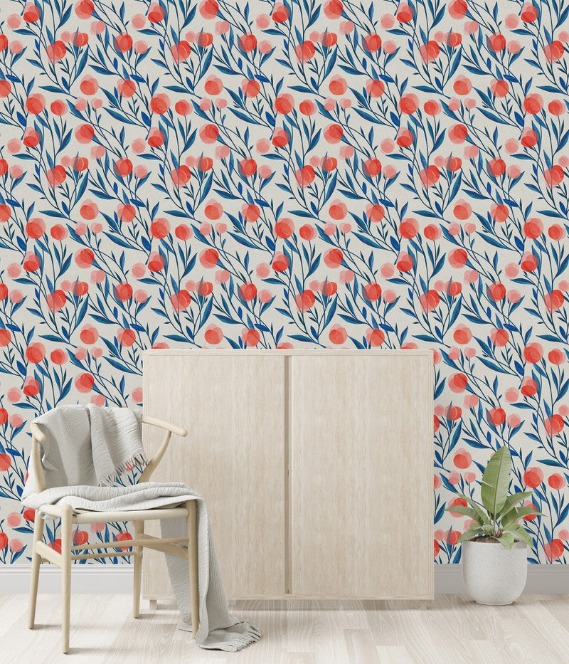 Blue Leaves with Red Flowers Wallpaper
