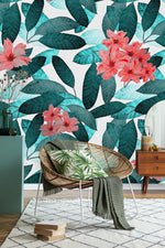 Pink Flowers and Turquoise Leaves Wallpaper