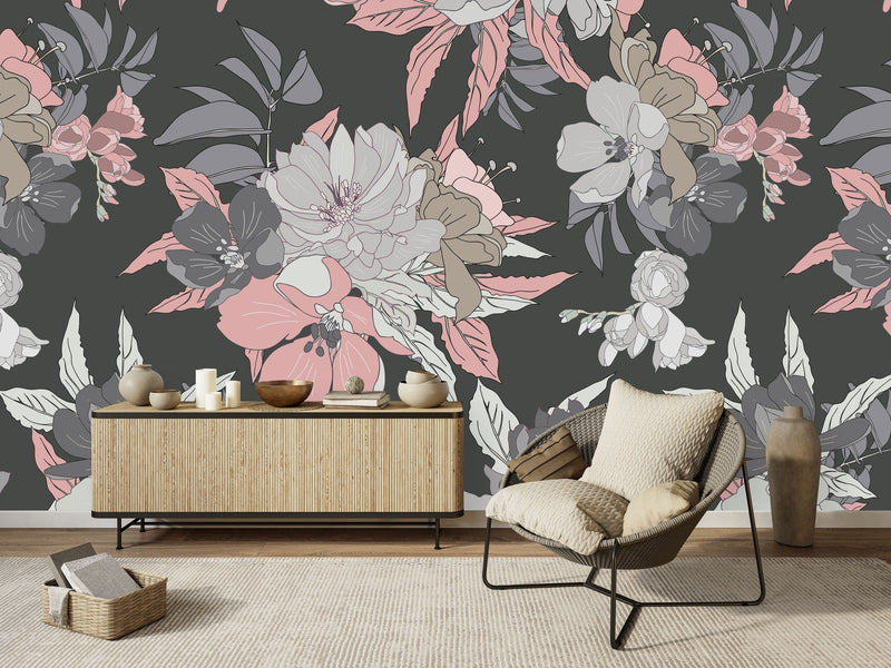 Grey Wallpaper with Pink Flowers