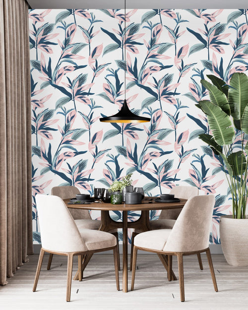 Voguish Blue and Pink Leaves Wallpaper Vogue
