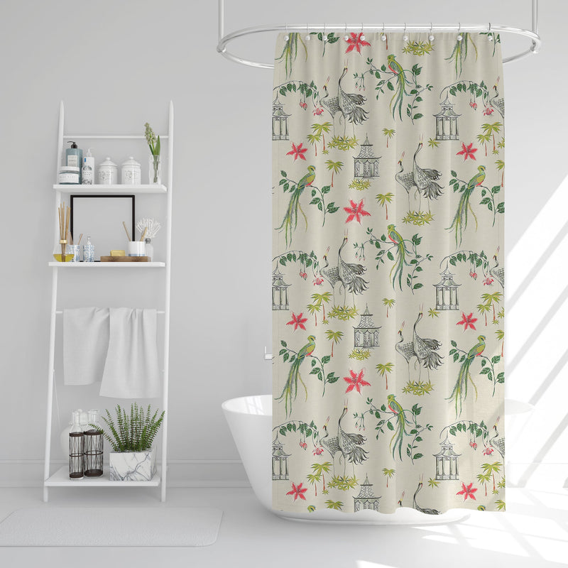 Shower Curtain in Let It Crane Avocado Oriental Toile, Multicolor Chinoiserie