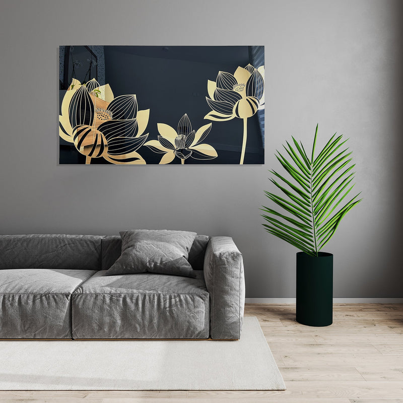 Black and Gold Mirror Lotus Flower Acrylic Art