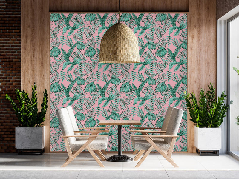 Pink Wallpaper with Exotic Leaves