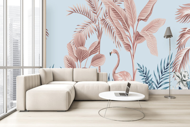 Beige Palms and Flamingo Wallpaper