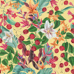 Yellow Wallpaper with Flowers and Cherries