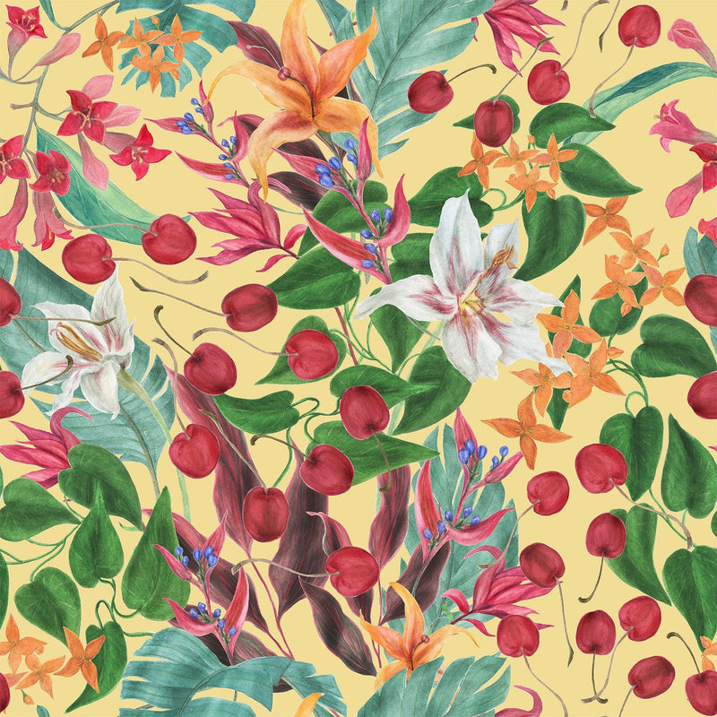 Yellow Wallpaper with Flowers and Cherries