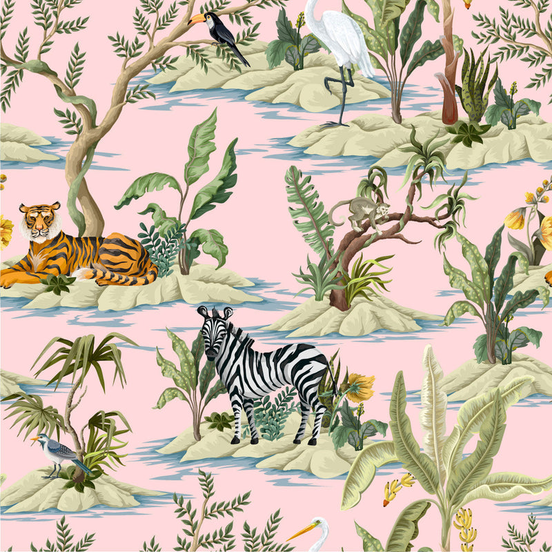 Pink Wallpaper with Wild Animals