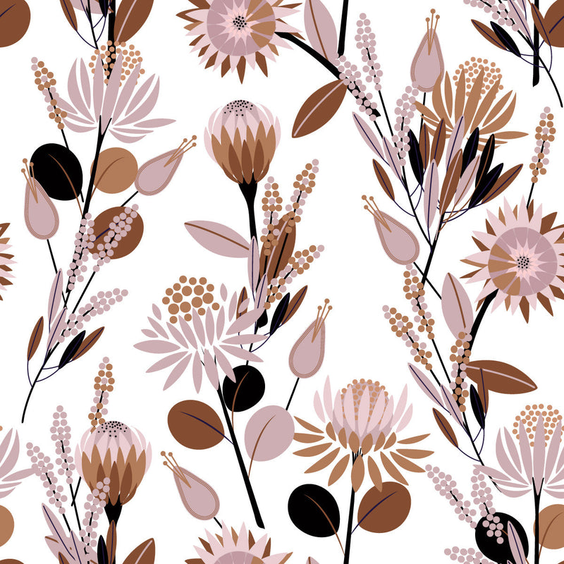 White Wallpaper with Light Pink Flowers