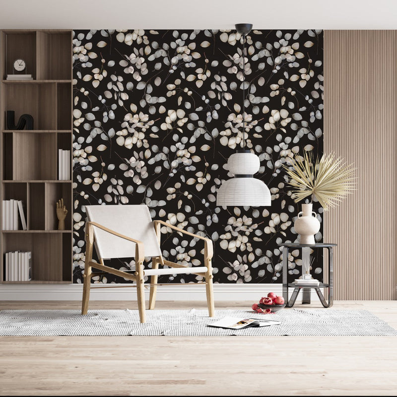 Modish Black Wallpaper with Leaves Chic