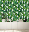 White Wallpaper with Green Leaves