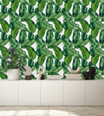 White Wallpaper with Green Leaves