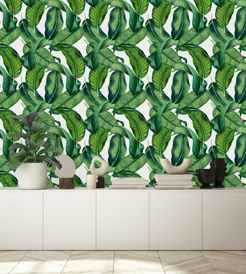 White Wallpaper with Green Leaves