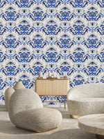 Beige and Blue Monogram Wallpaper