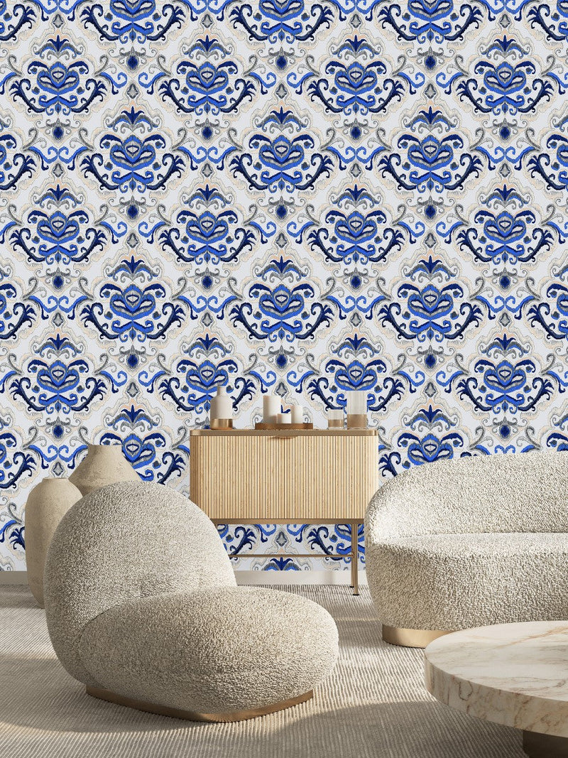 Beige and Blue Monogram Wallpaper