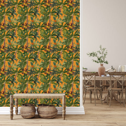 Orange Wallpaper with Palms and Pineapples