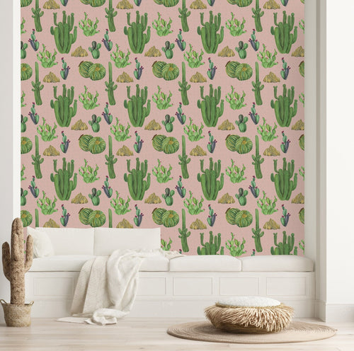 Beige Wallpaper with Cactus Pattern